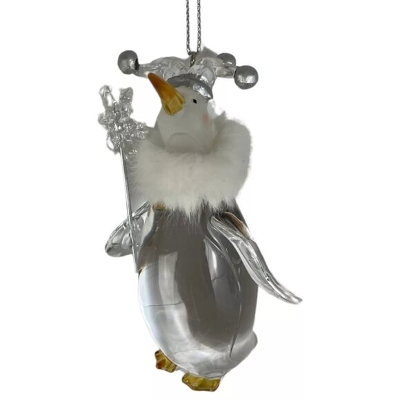 Christmas Ornament Penguin Clear Acrylic Faux Fur Trim w/ Scepter King Cute - Picture 1 of 3